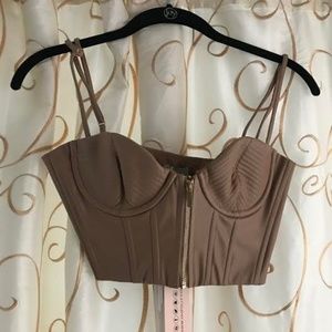 FAUX LEATHER UNDERWIRED BUSTIER CROP TOP IN STONE